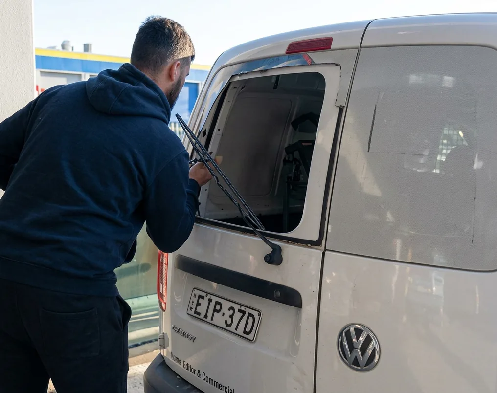 A technician at the rear of a white work van with the rear door glass removed, holding the wiper arm clear of the empty aperture.