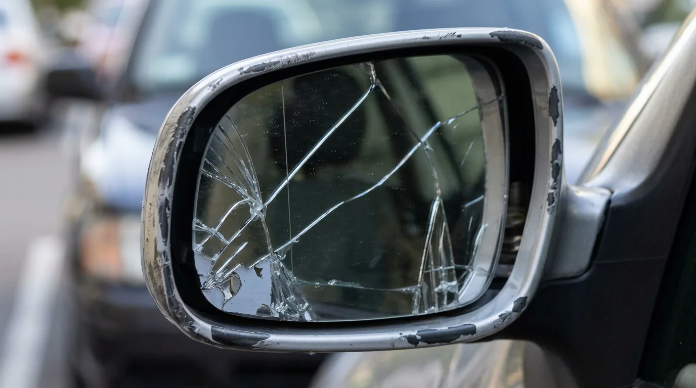 A cracked side mirror glass on a car, with the housing around it undamaged.