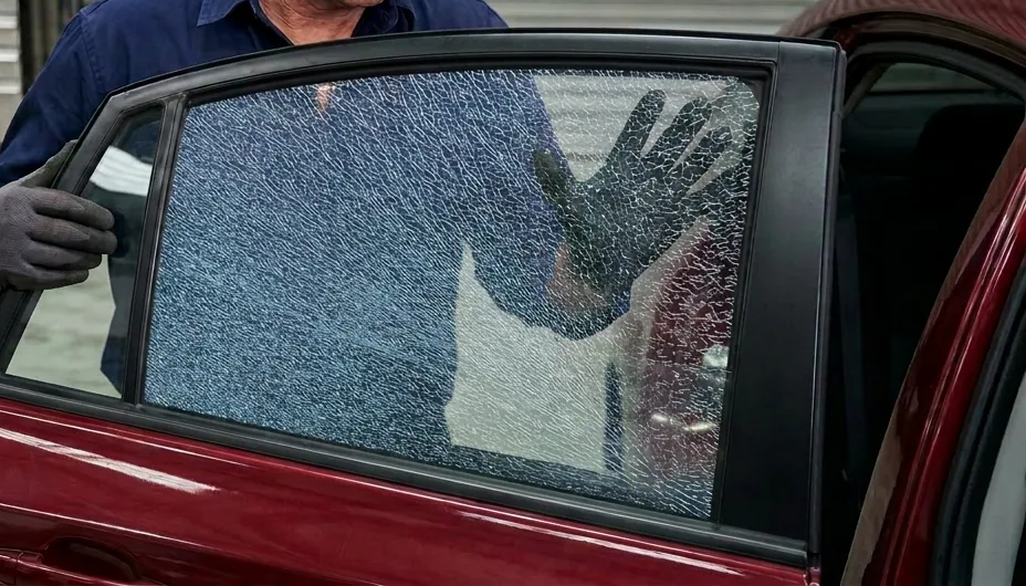 A gloved hand pressing against the shattered rear door window of a red hatchback.